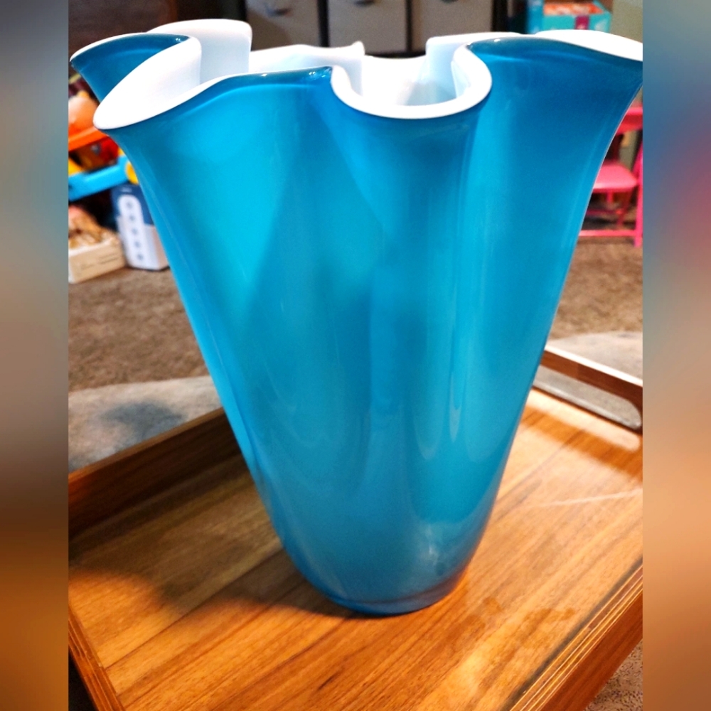 Large Beautiful Vintage MCM Turquoise unique blown glass Murano cased vase RARE - Picture 3 of 11